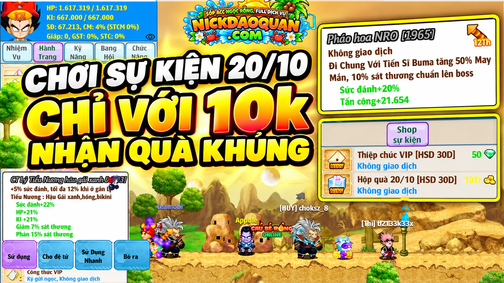 Sự kiện 20/10 chia sẻ nhận quà thẻ Carot 20K của NickDaoQuan
